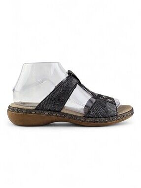 Rieker Antistress Women's Black Shimmer Floral Laser Cut Wedge Sandals 38